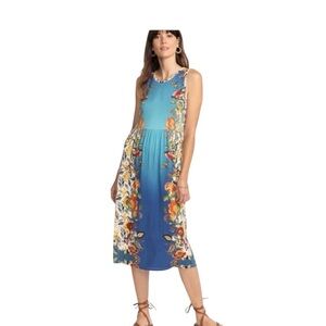 Johnny Was Blue Floral Dress Sleeveless Midi Sheath Boho Chic XS